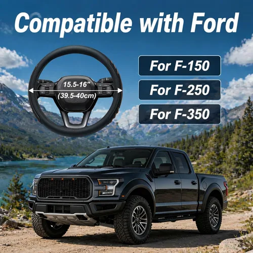 Miniatura 7 de Yangday Funda de cuero para volante de automóvil para Ford F150 F250 F350, de 15.5 a 16 pulgadas, Funda de Volante de Coche con partículas de masaje