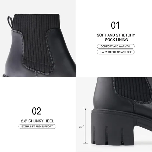 Miniatura 4 de JABASIC Botines gruesos para mujer, botas Chelsea sin cordones, botas elásticas