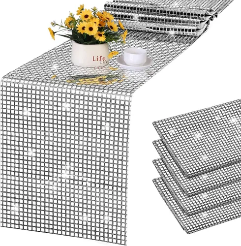 Miniatura 13 de Durony Paquete de 2 caminos de mesa disco de 11 x 108 pulgadas, espejo rosa intenso con laminado de purpurina y lentejuelas brillantes