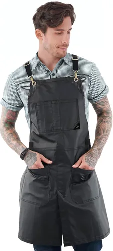Miniatura 9 de Under NY Sky Delantal negro con espalda cruzada, herrajes cromados, sarga revestida, refuerzo de cuero, pierna dividida, ajustable para hombres