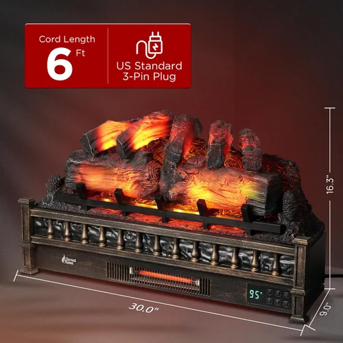 Miniatura 5 de TURBRO Eternal Flame - Calentador eléctrico de cuarzo infrarrojo WiFi de 30 pulgadas con sonido crujiente, troncos de madera de pino realistas