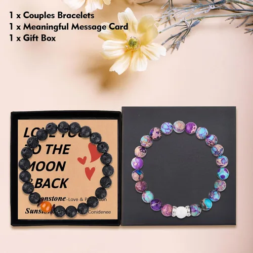 Miniatura 45 de 2 pulseras magnéticas para parejas, piedra natural negra mate, cristal para votos de amor eterno, juego de pulseras de cuentas de piedra de energía