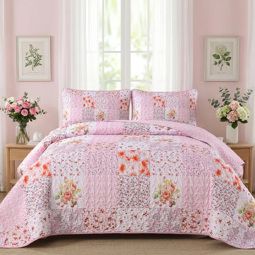 Miniatura 39 de Mybedsoul Juego de edredón bohemio beige tamaño individual, juego de colcha floral a cuadros de 3 piezas, juego de ropa de cama reversible