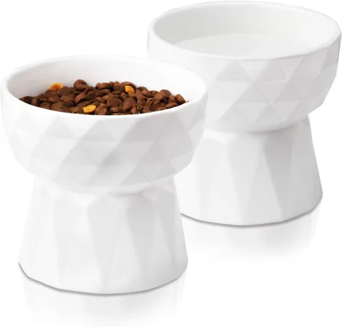 Frewinky Cuencos para gatos, cuencos de cerámica para gatos antivómitos, juego de cuencos elevados para alimentos y agua para gatos y perros Blanco