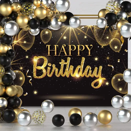 Miniatura 2 de Telón de fondo negro dorado para decoración de fiesta de feliz cumpleaños, cartel de globos dorados con purpurina y estrella para cumpleaños, telón
