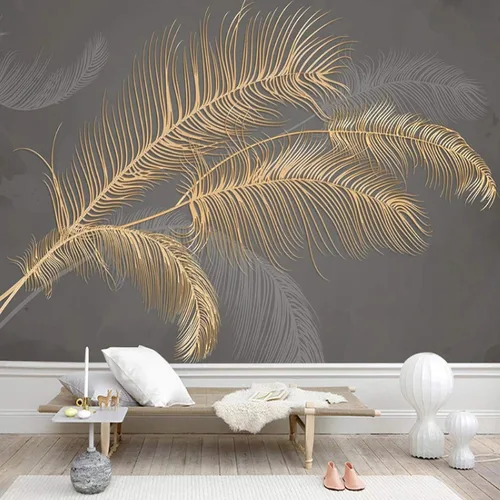 Mural de pared 3D moderno de plumas blancas doradas, papel tapiz minimalista con textura de plumas, mural panorámico para sala de estar, dormitorio,