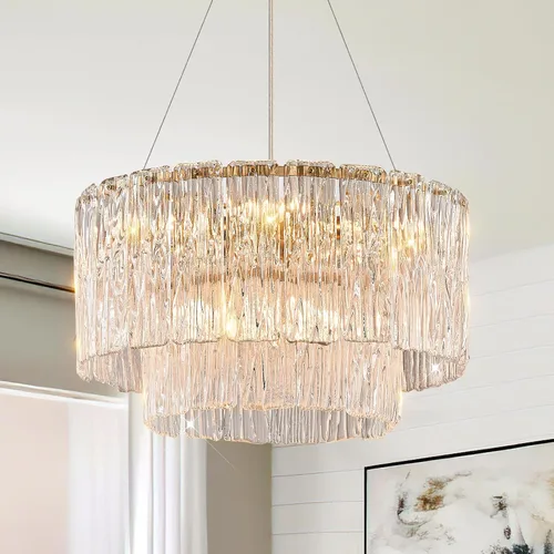 Miniatura 10 de CATINER Candelabro de cristal de 20 pulgadas, moderno, 6 luces, lámparas de tambor dorado, iluminación colgante de techo de lujo para entrada