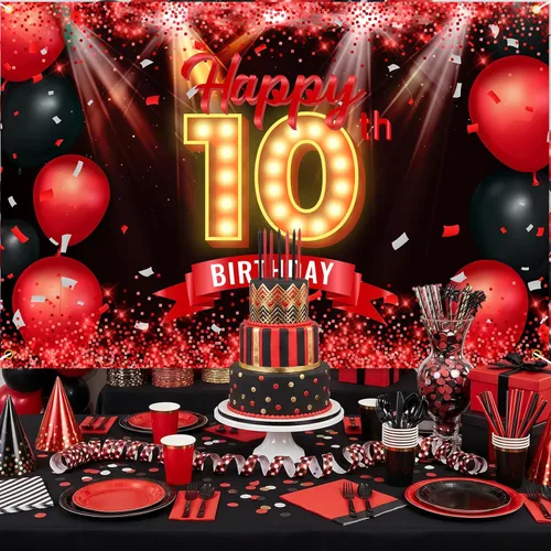 Miniatura 5 de Cartel de feliz cumpleaños 10 años, fondo rojo y negro, decoraciones de cumpleaños para niñas y niños de 10 años, artículos de fotografía