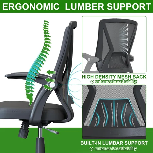 Miniatura 3 de Silla de escritorio ergonómica con brazos abatibles, soporte lumbar para trabajo, estudio, adultos y estudiantes