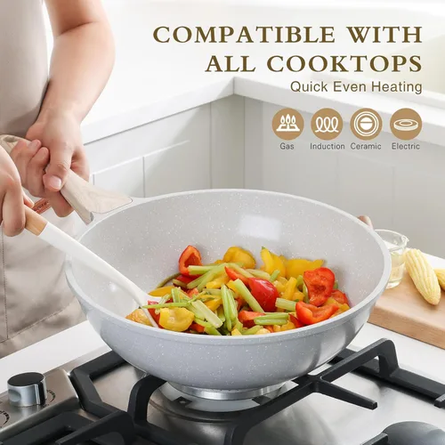 Miniatura 3 de Sartén Wok Cerámica Kordisen, Wok Antiadherente de 30.5 cm con Tapa, Woks y Sartenes para Freír Saludables y Sin Toxicidad para Cocinar, Utensilios
