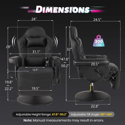 Miniatura 2 de Silla reclinable con altura ajustable, silla de juegos de PU con masaje, reposapiés largo y soporte lumbar, silla giratoria de respaldo alto