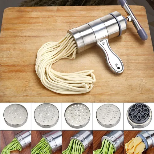 Miniatura 5 de Prensa manual de fideos de acero inoxidable, manivela de mano, máquina de prensa de masa de fettuccine para fideos, máquina de pasta con 5 moldes