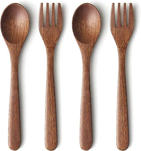 YFWOOD Juego de 4 utensilios de madera natural para niños, tenedores y cucharas para niños, cubiertos seguros para niños pequeños, pulido a mano,