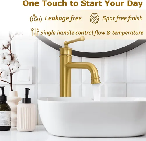 Miniatura 2 de Grifo de fregadero de níquel cepillado dorado alto para lavabo de baño, montaje en cubierta, de una sola manija, con un agujero, grifo de lavabo