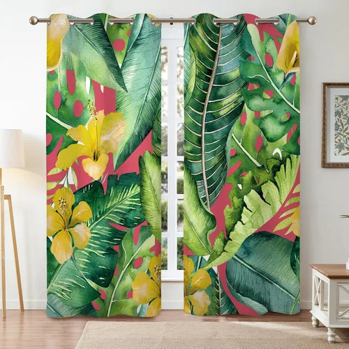Miniatura 2 de Renaiss Cortinas de plantas tropicales, hojas de palma verdes y flores amarillas, cortinas opacas con ojales en la parte superior, 45 pulgadas