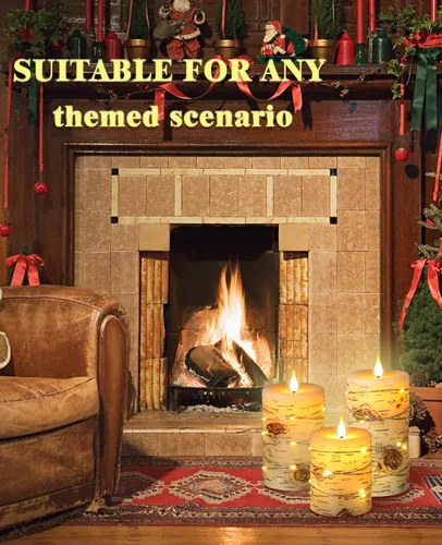 Miniatura 5 de Velas LED sin llama, velas LED pintadas a mano con efecto de corteza de abedul, juego de 3 velas con cadena de luces empotradas (H4,5,6"), pilar