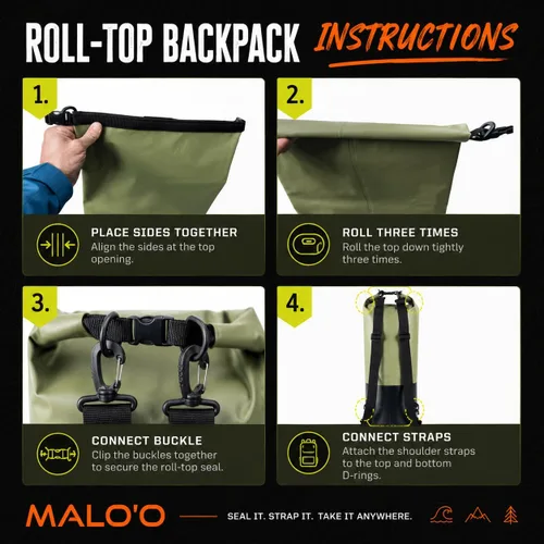 Miniatura 9 de Malo’o Mochila de Bolsillo de 30L de Alta Resistencia 100% Impermeable con Tapa Enrollable – Mantiene el Equipo Seco para Pesca, Rafting, Kayak