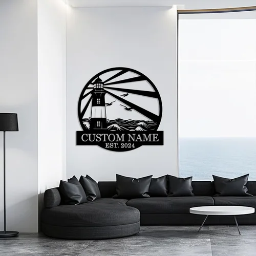 Miniatura 4 de Letreros de faro de metal personalizados Arte de pared de cabina al aire libre personalizado para playa costera Letrero de apellido Regalo