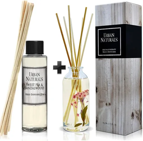 Urban Naturals Repuesto de difusor de varillas de guisante dulce y sándalo, 4 onzas, paquete con juego de difusor de varillas de guisante dulce y
