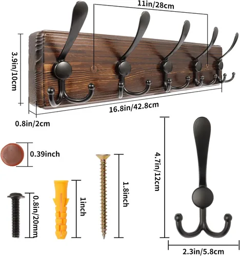 Miniatura 3 de Perchero de pared rústico para sombreros de 16.8 pulgadas con 5 ganchos triples para colgar abrigos, bolsos, toallas
