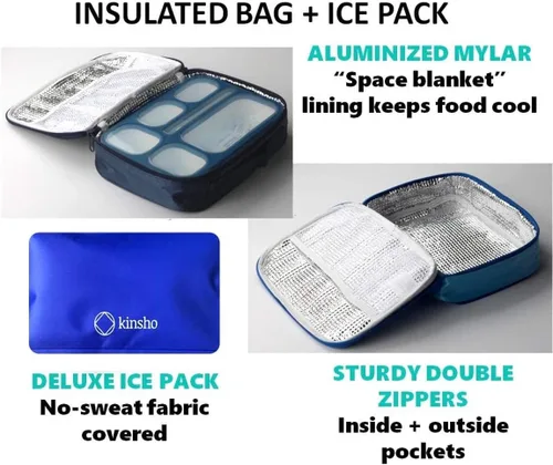 Miniatura 4 de Bento-Box - Juego de lonchera aislada y paquete de hielo. Loncheras, contenedores de bocadillos para niños, niñas y adultos. 6 compartimentos, cajas
