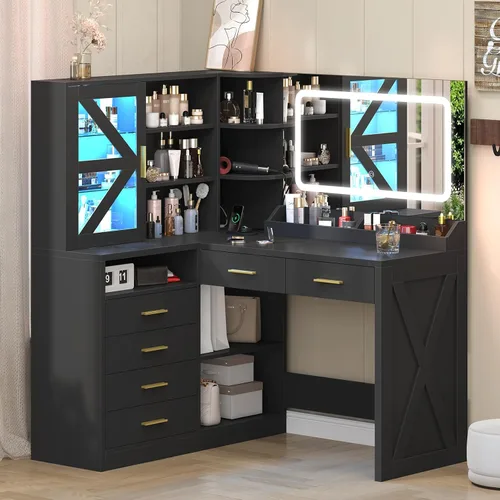 Escritorio esquinero en forma de L con espejo iluminado LED y estación de carga, tocador de maquillaje negro con 6 cajones y gabinete RGB