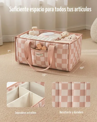 Miniatura 3 de Blissful Diary Organizador de pañales a cuadros, elegante cesta de almacenamiento para guardería, regalo para baby shower, artículos esenciales