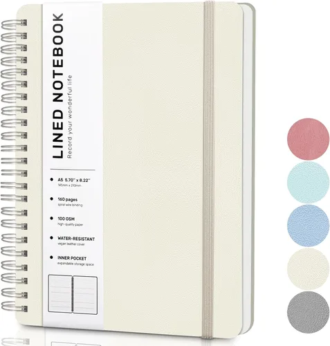 Miniatura 18 de Cuaderno de diario con líneas en espiral, cuaderno A5 de cuero de tapa dura para el trabajo, 5.7''×8.2'', papel grueso de 100GSM encuadernado