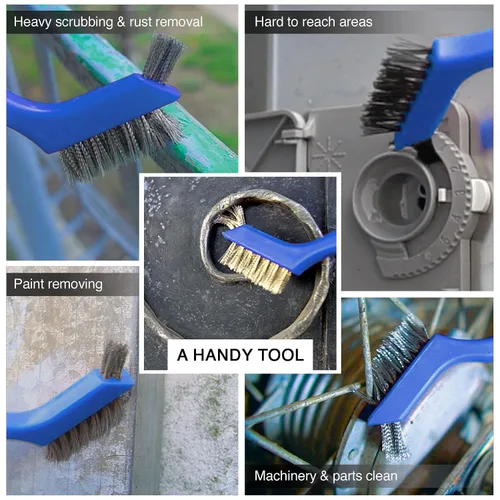 Miniatura 7 de Lavaxon Juego de 3 cepillos de alambre, cerdas de nailon/latón/acero inoxidable con mango curvado para óxido, suciedad y limpieza profunda, 7 Azul