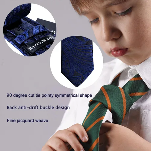 Miniatura 137 de Barry.Wang Corbata de niño regular seda tejida rayas sólido lazo bolsillo cuadrado