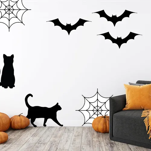 Miniatura 2 de Calcomanía de Halloween para pared o puerta – Murciélagos, gatos, fantasmas y telarañas Hecho en Estados Unidos Vinilo extraíble para despegar