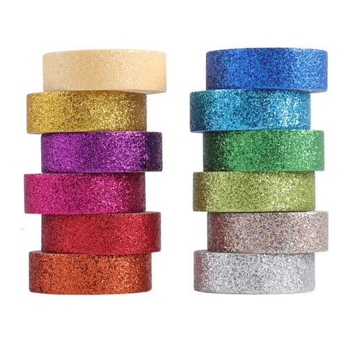 Tesuivra Juego de cinta washi con purpurina para bricolaje, 12 rollos de cinta adhesiva de colores, cinta decorativa brillante para arte, cinta de