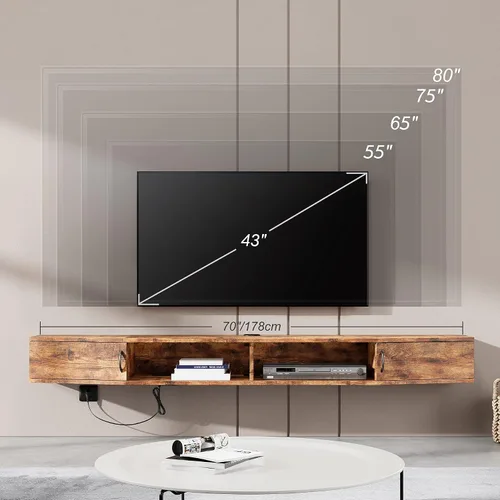 Miniatura 3 de WAMPAT Estante flotante de TV de 70 pulgadas con estación de carga, soporte de TV montado en la pared, soporte de consola multimedia con gabinete