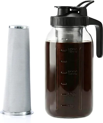 Cafetera fría de 64 onzas de boca ancha con filtro de acero inoxidable, 2 cuartos de galón hermética y a prueba de fugas, jarra de infusión fría con