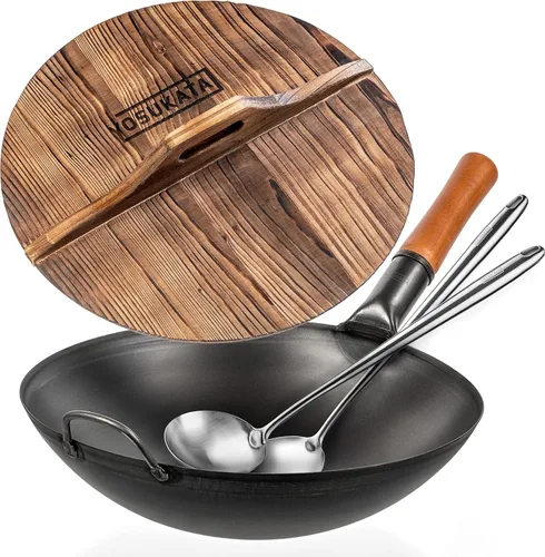 YOSUKATA Sartén Wok de acero al carbono de 14 pulgadas + espátula y cucharón para wok de 17 pulgadas + cubierta de wok de primera calidad con tapa