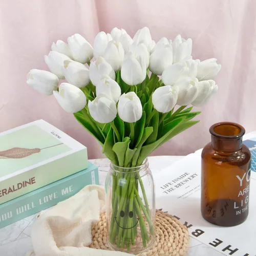 Miniatura 4 de Ouddy Decor 30 piezas de tulipanes blancos artificiales de poliuretano de tacto real, tulipanes falsos para primavera y verano, ramo floral, mesa