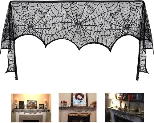 Decoración de chimenea de Halloween, tela de araña de encaje negro, cubierta de bufanda, guirnalda para suministros de fiesta festiva, decoración de