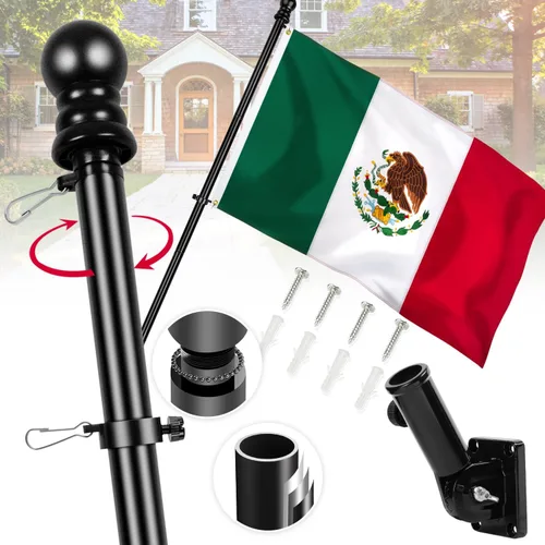 Bandera de México con postes para exteriores de la casa, poste de bandera giratorio de aluminio de 6 pies sin enredos, soporte de montaje