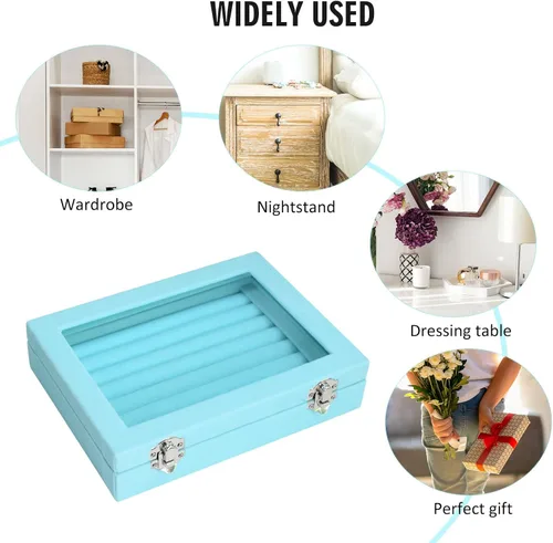 Miniatura 6 de Bandeja organizadora de anillos, 7 ranuras, caja de almacenamiento de joyas de terciopelo para aretes con tapa transparente, vitrina de joyería
