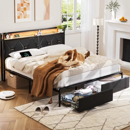 Miniatura 4 de Ailisite Marco de cama tamaño completo con cabecera y cajones de almacenamiento, marco de cama de plataforma tapizado negro con puerto de carga