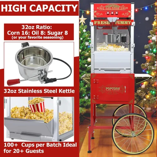 Miniatura 4 de Máquina comercial para palomitas de maíz de 32 oz con carrito - Hervidor de acero inoxidable con ruedas, bandeja calefactora y vidrio templado