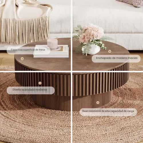 Miniatura 4 de Mesa de centro redonda con almacenamiento, moderna mesa de centro de madera con chapeado de madera maciza, mesa central circular mesa de té de 31.5