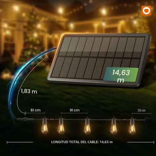 Miniatura 6 de addlon Cadena de luces solares de 54 pies (48+6) para exteriores, impermeables con carga USB y control remoto - Luces de patio con energía solar