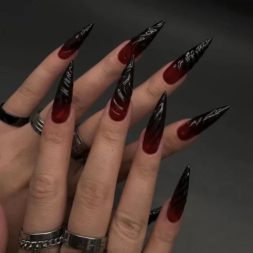Miniatura 21 de Uñas postizas a presión para Halloween, con forma de hueso gótico, de terror, de cobertura completa, color blanco y negro, acrílico, para fiestas