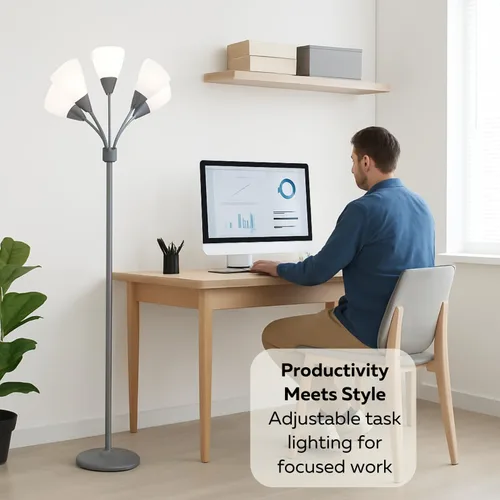 Miniatura 5 de LIGHTACCENTS Lámpara de pie Medusa de 5 luces para dormitorio – Lámpara de pie con múltiples cabezas y 5 pantallas de acrílico blanco, lámpara araña