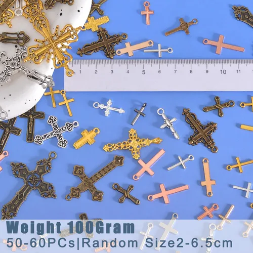 Miniatura 2 de stino 100 gramos de dijes de metal para hacer joyas, chapados en plata y oro, paquete a granel para pulseras, collares, manualidades Cruz