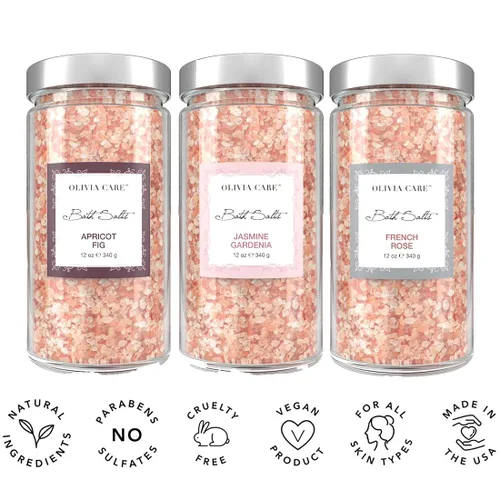 Miniatura 3 de OLIVIA CARE Paquete de 3 sales de baño combinadas por Apricot Fig, French Rose & Jasmine Gardenia – Alivia y relaja los músculos. Exfolia