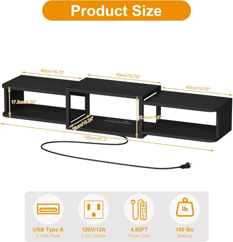 Miniatura 2 de Qupui Soporte flotante para TV montado en pared de 47.2 pulgadas con iluminación LED, moderno estante de consola multimedia de madera con puertos