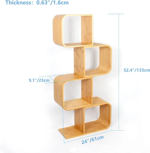 Miniatura 2 de Estantería geométrica moderna de bambú de 4 niveles en forma de S, gran capacidad, estante curvado, mesita de noche 2 en 1, estantería