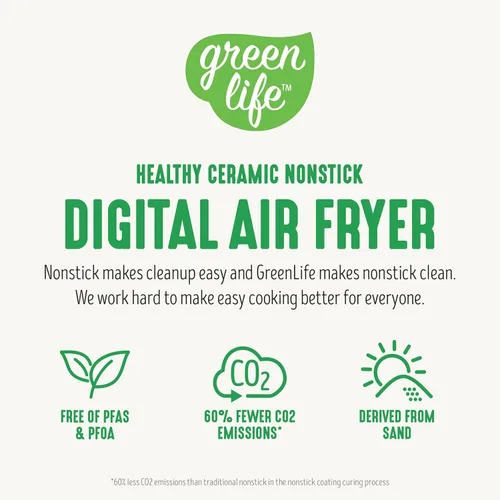Miniatura 8 de GreenLife Horno freidora de aire eléctrico compacto, 5.3 cuartos, cajón antiadherente de cerámica sin PFAS, 8 funciones de pantalla digital de un